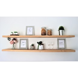 Handmade rustic wooden floating shelf with a sleek design.