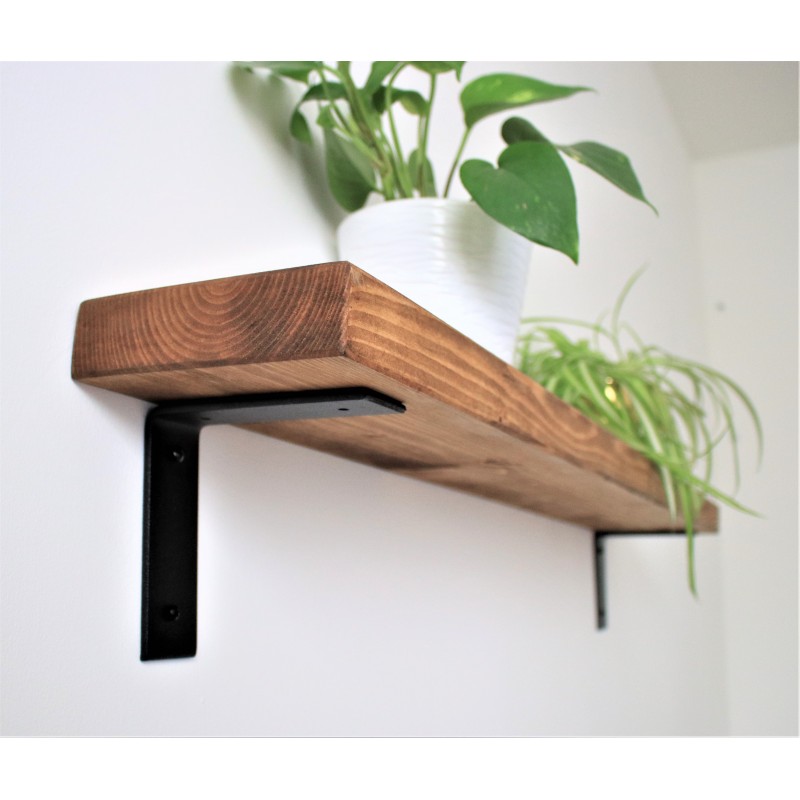 Flat Shelf with Industrial Down Brackets 6x1.5 – Handmade rustic wooden shelf with metal brackets, crafted in the UK