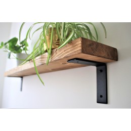 Flat Shelf with Industrial Down Brackets 6x1.5 – Handmade rustic wooden shelf with metal brackets, crafted in the UK