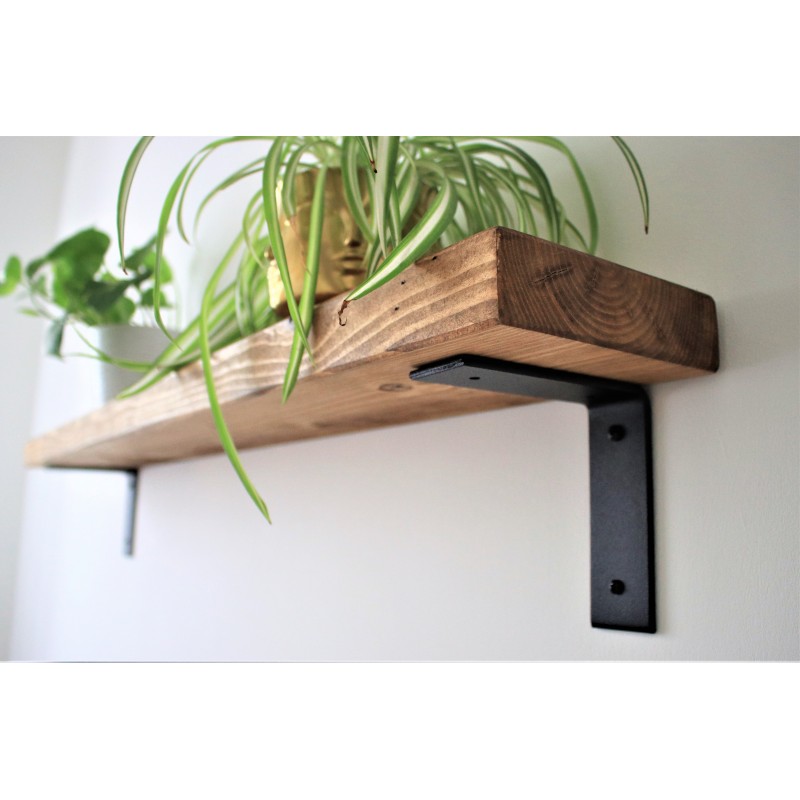 Flat Shelf with Industrial Down Brackets 6x2 – Handmade rustic wooden shelf with metal brackets, crafted in the UK