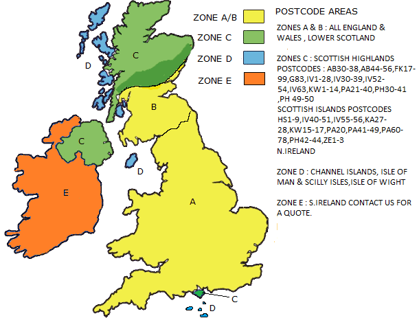 UK delivery zones: A and B England, Wales and southern Scotland; C Scottish Highlands, Scottish islands and Northern Ireland; D Channel Islands, Isle of Man, Isles of Scilly and Isle of Wight; E Republic of Ireland (contact us for a quote)